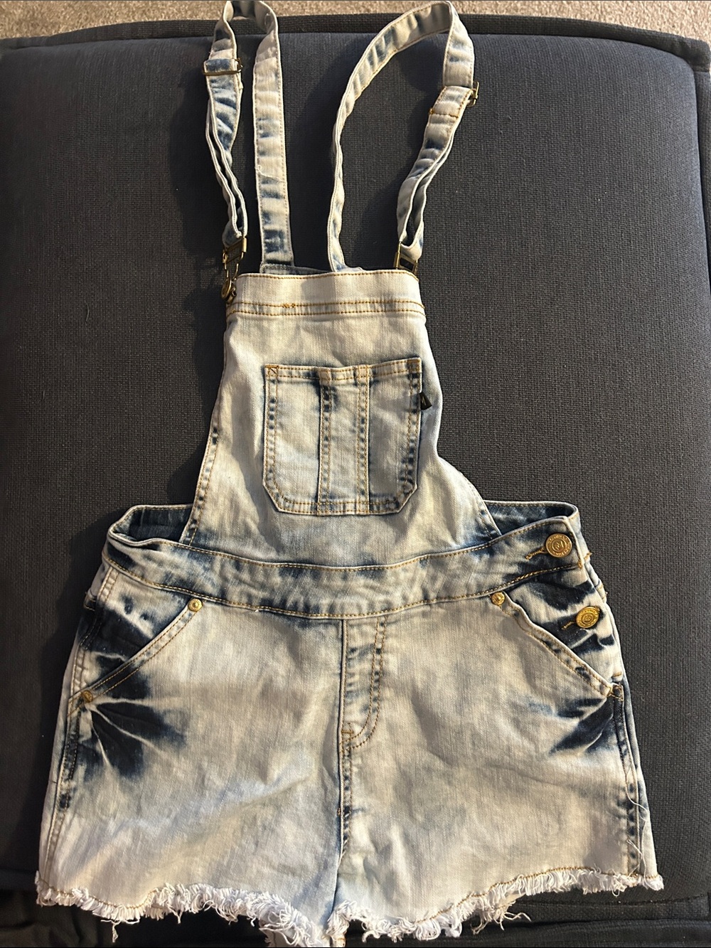 Nicki Minaj Light Wash Denim Short Overalls with Studded M Pocket
